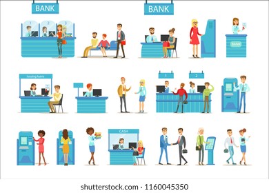 Bank Service Professionals And Clients Different Financial Affairs Consultancy, ATM Cash Manipulation Other Business Set Of Illustrations