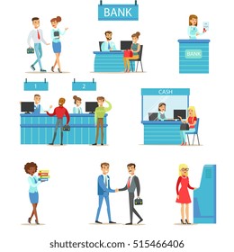 Bank Service Professionals And Clients Different Financial Affairs Consultancy, ATM Cash Manipulation And Other Business Collection Of Illustrations