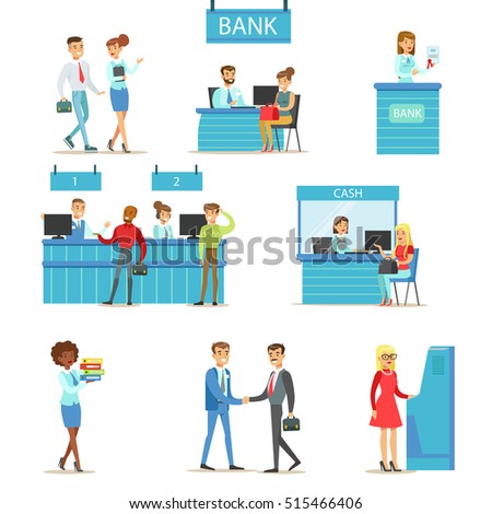 Bank Service Professionals And Clients Different Financial Affairs Consultancy, ATM Cash Manipulation And Other Business Collection Of Illustrations