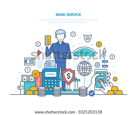 Bank service. Remote service, internet banking, clients customer service, transactions with payments and money transfers, investment, financial affairs consultancy. Illustration thin line design.