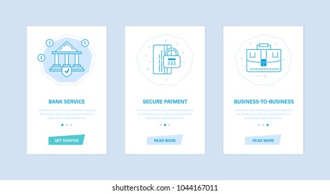 Bank service, secure payment, business-to-business. Set user interfaces, screens from phones, smartphones. Graphic design with buttons, text information. Screens template for mobile apps.