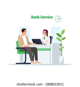 Bank service semi flat RGB color vector illustration. Customer on reception. Man talk with advisor. Male client with female consultant isolated cartoon character on white background