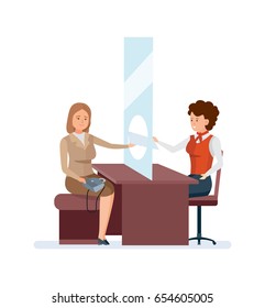 Bank service and staff. Girl, a bank employee, a consultant manager, serves a permanent client at the office table. Vector illustration isolated people cartoon style