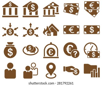 Bank service and trade business icon set. These flat symbols use brown color. Vector images are isolated on a white background. Angles are rounded.