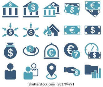 Bank service and trade business icon set. These flat bicolor symbols use cyan and blue colors. Vector images are isolated on a white background. Angles are rounded.