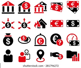 Bank service and trade business icon set. These flat bicolor symbols use intensive red and black colors. Vector images are isolated on a white background. Angles are rounded.