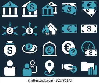 Bank service and trade business icon set. These flat bicolor symbols use blue and white colors. Vector images are isolated on a dark blue background. Angles are rounded.