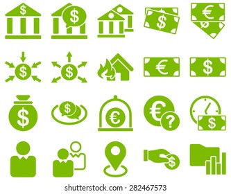 Bank service and trade business icon set. These flat symbols use eco green color. Vector images are isolated on a white background. Angles are rounded.