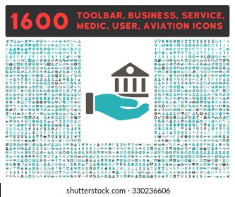 Bank Service vector icon and 1600 other business, service tools, medical care, software toolbar, web interface pictograms. Style is bicolor flat symbols, grey and cyan colors, rounded angles, white