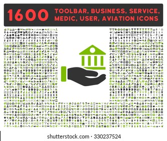 Bank Service vector icon and 1600 other business, service tools, medical care, software toolbar, web interface pictograms. Style is bicolor flat symbols, eco green and gray colors, rounded angles