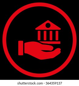 Bank Service vector icon. Style is flat circled symbol, red color, rounded angles, black background.