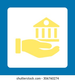 Bank Service vector icon. This flat rounded square button uses yellow and white colors and isolated on a blue background.