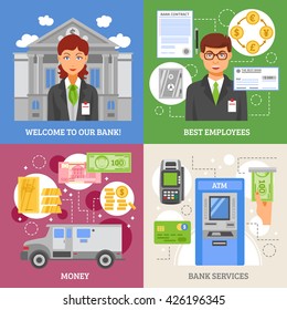 Bank services 2x2 design concept with  terminal for plastic card armored truck for money transportation and employees flat vector illustration 