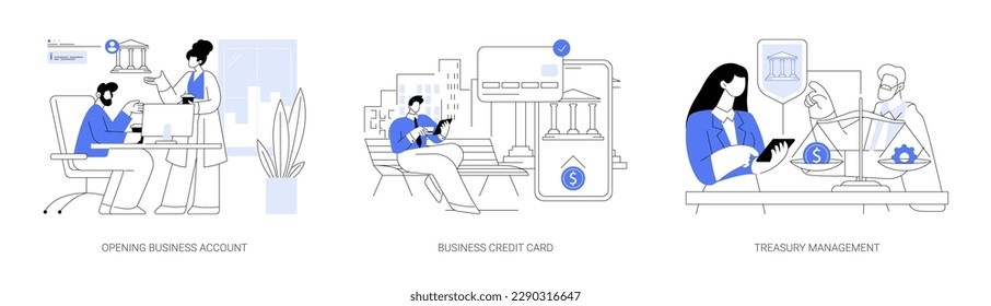 Bank services for business abstract concept vector illustration set. Opening business account, credit card, treasury management, commercial bank, financial literacy, cash management abstract metaphor.