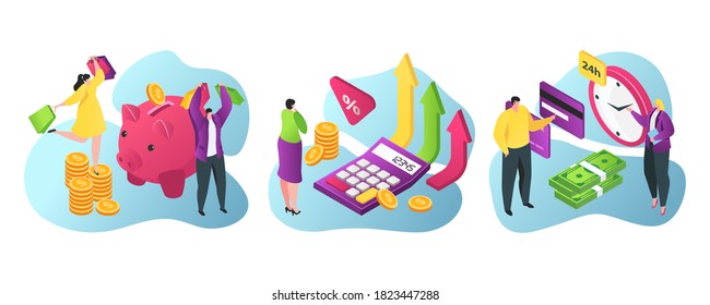 Bank services for business and finance flat vector illustration. Piggy bank savings, credits and investments, financial advisor, cashiers, atm and bank entrance. Currency exchange.