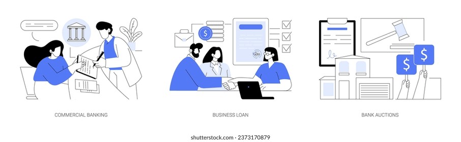 Bank services for business isolated cartoon vector illustrations set. Commercial banking, business loan, bank auctions, money investment, property for sale, loan and credit services vector cartoon.