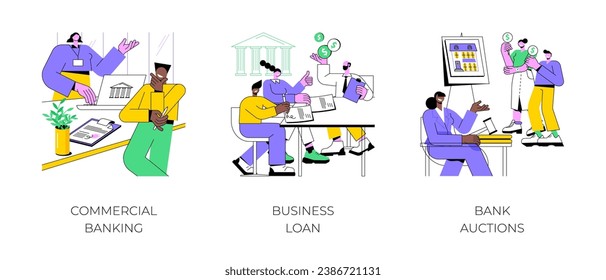 Bank services for business isolated cartoon vector illustrations set. Commercial banking, business loan, bank auctions, money investment, property for sale, loan and credit services vector cartoon.