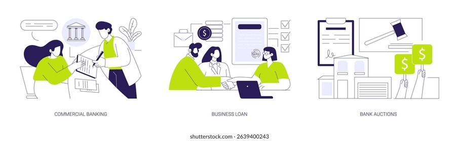 Bank services for business isolated cartoon vector illustrations set. Commercial banking, business loan, bank auctions, money investment, property for sale, loan and credit services vector cartoon.