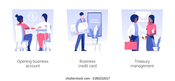 Bank services for business isolated concept vector illustration set. Opening business account, credit card, treasury management, commercial bank, financial literacy, cash management vector cartoon.