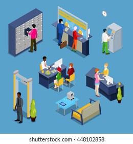 Bank Services Concept Interior with Clients and Bankers. Isometric People. Vector illustration