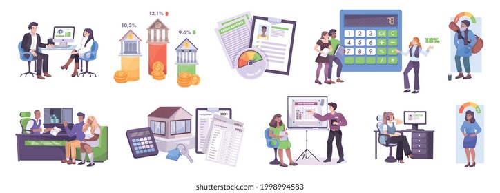 Conjunto plano de servicios bancarios con asesor financiero para las tasas de interés de las cuentas de inversión e ilustración vectorial de la calculadora de préstamos