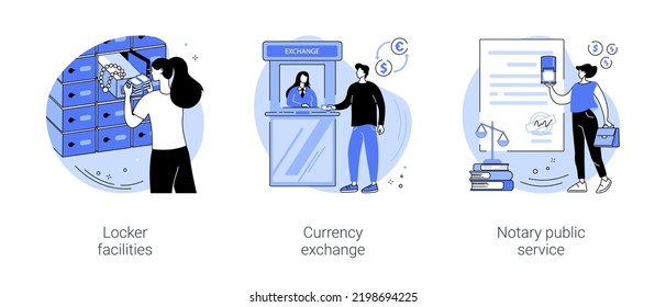 Bank services isolated cartoon vector illustrations set. Brick and mortar bank, locker facility, safe deposit box, currency exchange, cash deposit, notary public service vector cartoon.