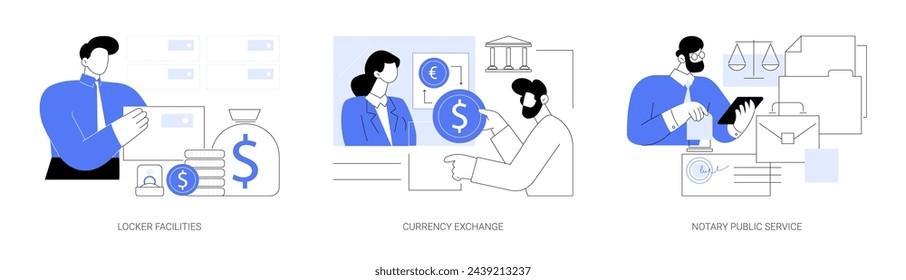 Bank services isolated cartoon vector illustrations set. Brick and mortar bank, locker facility, safe deposit box, currency exchange, cash deposit, notary public service vector cartoon.