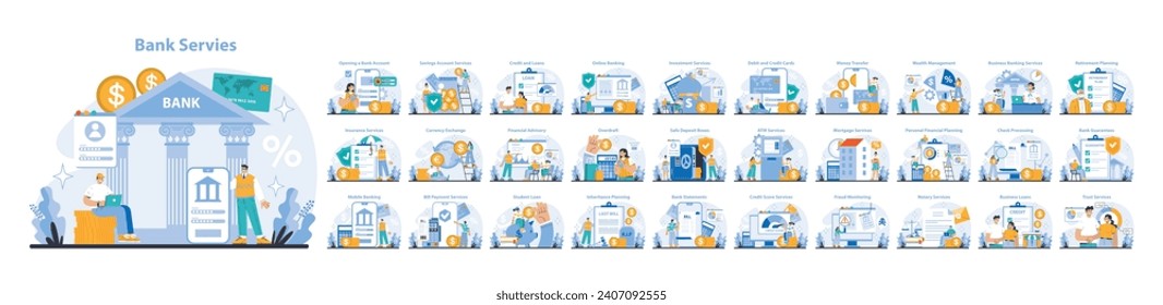 Bank Services set. From account opening to wealth management, a complete range of banking services detailed in visuals. Flat vector illustration.