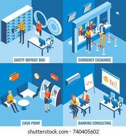 Bank services vector flat 3d isometric poster set. Safety deposit box, currency exchange, cash point and banking consulting concept design elements for web banners, print, infographics.