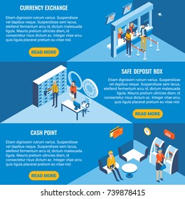 Bank services vector flat isometric horizontal banner set. Currency exchange, Safety deposit box and Cash point concept design elements for web and print.