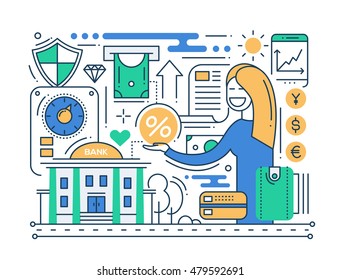 Bank services - vector modern line flat design city composition with smiling woman and banking symbols