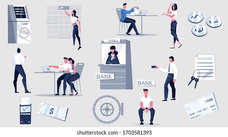 Bank set with flat icons of money credit cards terminals and characters of clerks and clients vector illustration