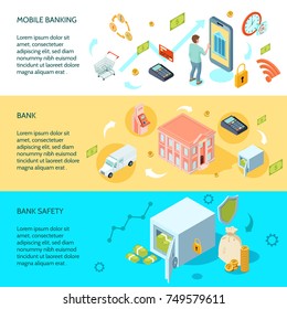 Bank set of horizontal isometric banners with online service, safety, office building, electronic technologies isolated vector illustration  