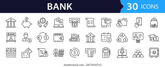 Bank set of web icons in line style. Finance and money linear icon collection. Containing payment, deposit, wallet , online banking, loan, ATM, investment, exchange. Editable stroke