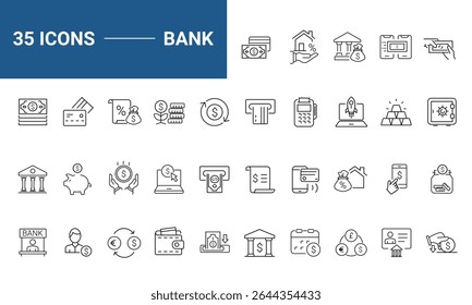 Bank set of web icons in line style. Finance and money linear icon collection. Containing payment, deposit, wallet , online banking, loan, ATM, investment, exchange. Editable stroke