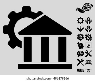 Bank Settings icon with bonus tools pictogram. Vector illustration style is flat iconic symbols, black color, light gray background.