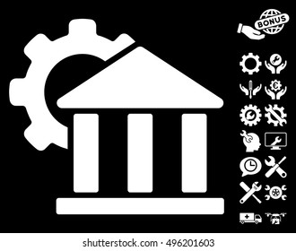 Bank Settings icon with bonus tools design elements. Vector illustration style is flat iconic symbols, white color, black background.