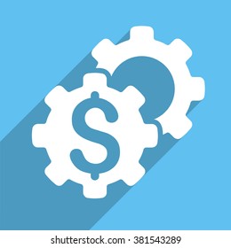Bank Settings long shadow vector icon. Style is a white flat symbol on a light-blue square background.