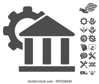 Bank Settings pictograph with bonus tools graphic icons. Vector illustration style is flat iconic symbols, gray color, white background.