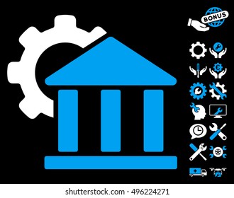 Bank Settings pictograph with bonus tools pictogram. Vector illustration style is flat iconic bicolor symbols, blue and white colors, black background.