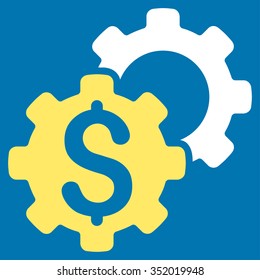 Bank Settings vector icon. Style is bicolor flat symbol, yellow and white colors, rounded angles, blue background.