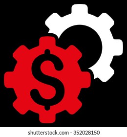 Bank Settings vector icon. Style is bicolor flat symbol, red and white colors, rounded angles, black background.
