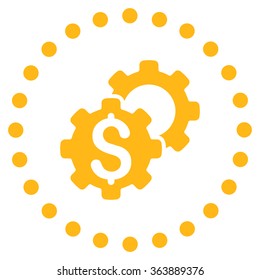 Bank Settings vector icon. Style is flat circled symbol, yellow color, rounded angles, white background.