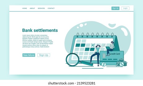 Bank settlements.People make bank payments and calculate interest rates.An illustration in the style of a green landing page.