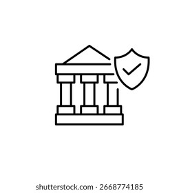 Bank, Schild und Markierung. Geprüfte Banksicherheit, vertrauenswürdige Finanzinstitute, sichere Transaktionen. Pixel perfekt, bearbeitbares Strichvektorsymbol