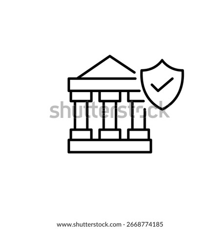Bank, shield and checkmark. Verified banking security, trusted financial institution, secure transactions. Pixel perfect, editable stroke vector icon