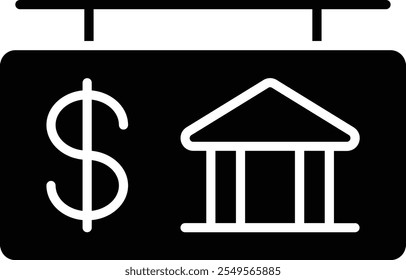 Ícone de cartaz bancário com sinal suspenso e logotipo do banco ou sinal de dólar