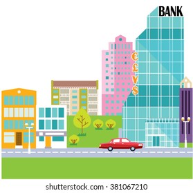 Bank in the small city. City exterior. Modern city Vector illustration. City street. Green city. City flat design.