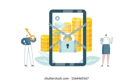 Bank software for smartphones locks access. Protection for money account. Virtual assistant requests password. Client sends message with verification code. Vector illustration EPS 10 isolated on white