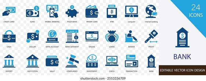 Bank solid icon collection set. containing BANKER, INSTITUTION,  BANK SATEMENT, savings, vault, cash, ATM and more vector design